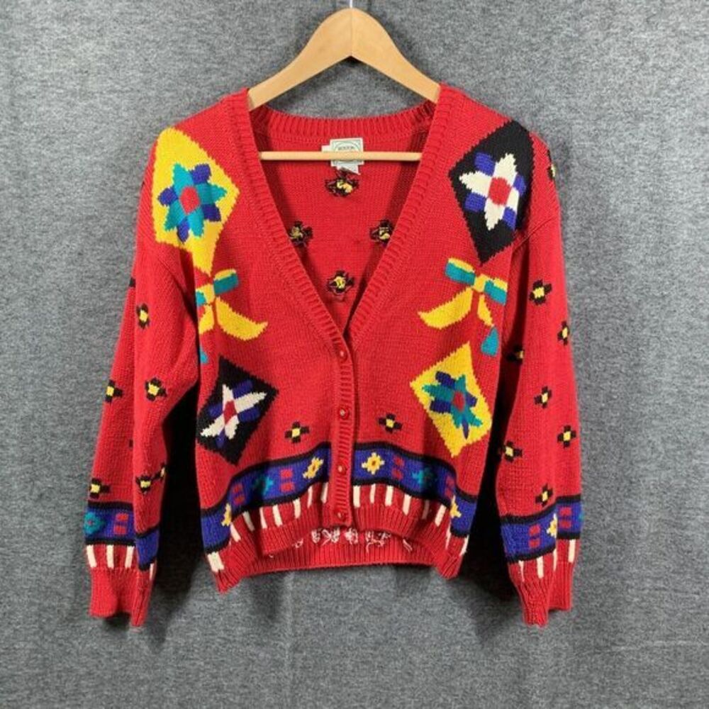 Vintage Boston Traders Geometric Button Down Sweater Womens Size L Large Knitted